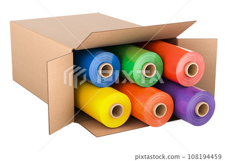Colored PVC Polythene Plastic Tape Rolls inside cardboard box, 3D rendering Colored PVC Polythene Plastic Tape Rolls inside cardboard box, 3D rendering 108194459