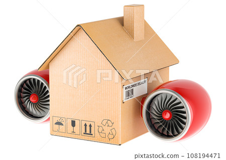 House with jet engines. Fast household moving services, concept. 3D rendering 108194471