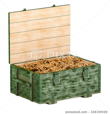 Opened military wooden ammunition box with rifle bullets, 3D rendering Opened military wooden ammunition box with rifle bullets, 3D rendering 108194500