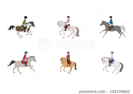 Set of Pony Club students, cute ponies and kids 108194662