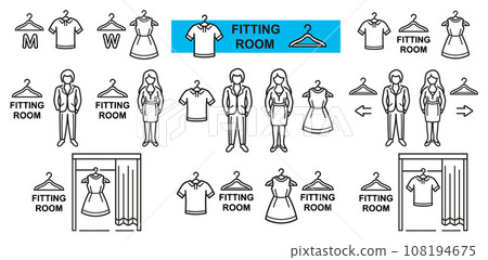 Man woman fitting or changing room, person try clothing in store line icon set. Male and female public dressing cabin. Clothes hanger. Buy dress, t-shirt in shop. Wardrobe rack. Cloakroom sign vector 108194675
