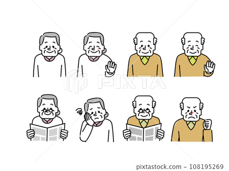 各種表情的祖父和祖母的插圖集（微笑、讀報紙、失望、憤怒） 108195269
