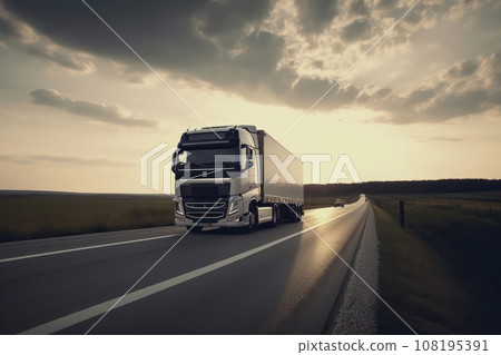 A semi truck barrels down the highway at sunset, carrying heavy cargo to its destination, providing the backbone of the economy's infrastructure. Generative AI. 108195391