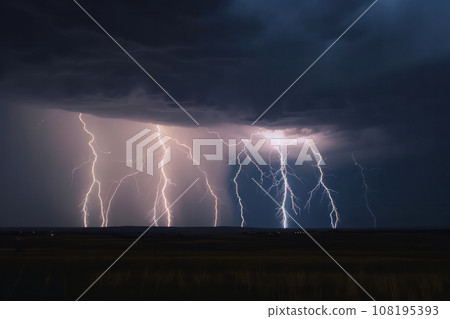 Dramatic lightning storm strikes a vast field at night, illuminating the sky with stunning beauty. AI Generative Dramatic lightning storm strikes a vast field at night, illuminating the sky with stunning beauty. AI Generative 108195393