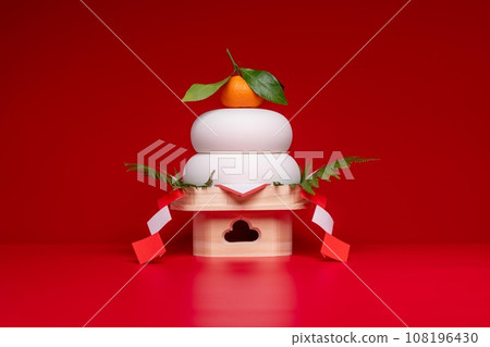 Photo with “Kagami-mochi” placed in the center, red background, low three treasures (pedestal) Photo with “Kagami-mochi” placed in the center, red background, low three treasures (pedestal) 108196430