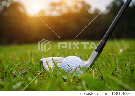 Golf ball and golf club in beautiful golf course at sunset background. Golf ball and golf club in beautiful golf course at sunset background. 108196782