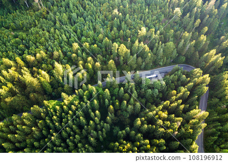Aerial view of winding road in high mountain pass trough dense green pine woods. Aerial view of winding road in high mountain pass trough dense green pine woods. 108196912