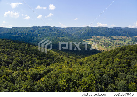 Aerial view of mountain hills covered with dense green lush woods on bright summer day. 108197049