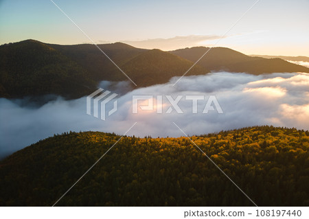 Aerial view of bright foggy morning over dark mountain forest trees at autumn sunrise. Beautiful scenery of wild woodland at dawn 108197440