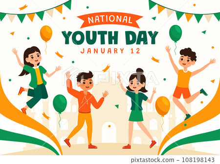 Happy International Youth Day of India Vector Illustration with Indian Flag and Young Boys or Girls Togetherness in Flat Kids Cartoon Background 108198143