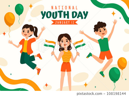 Happy International Youth Day of India Vector Illustration with Indian Flag and Young Boys or Girls Togetherness in Flat Kids Cartoon Background Happy International Youth Day of India Vector Illustration with Indian Flag and Young Boys or Girls Togetherness in Flat Kids Cartoon Background 108198144