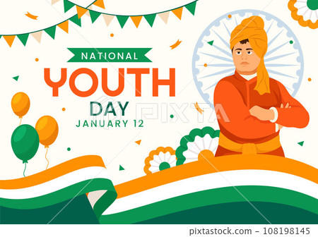 Happy International Youth Day of India Vector Illustration with Indian Flag and Young Boys or Girls Togetherness in Flat Kids Cartoon Background 108198145