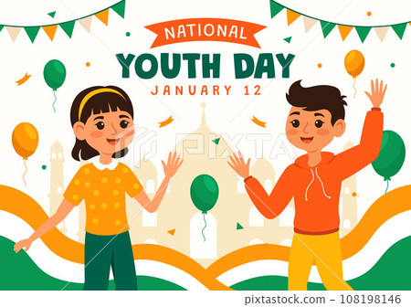 Happy International Youth Day of India Vector Illustration with Indian Flag and Young Boys or Girls Togetherness in Flat Kids Cartoon Background Happy International Youth Day of India Vector Illustration with Indian Flag and Young Boys or Girls Togetherness in Flat Kids Cartoon Background 108198146