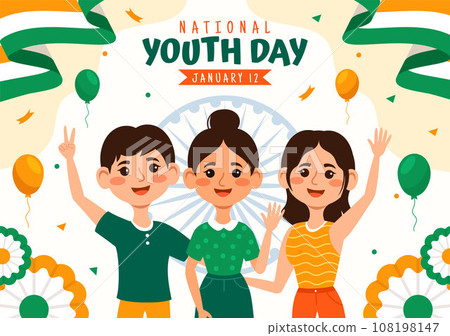 Happy International Youth Day of India Vector Illustration with Indian Flag and Young Boys or Girls Togetherness in Flat Kids Cartoon Background 108198147