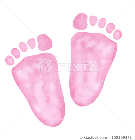 Little pink footprints. Baby shower, gender reveal party, design invitation. Boy or girl. Hand drawn watercolor illustration isolated background. For family surprise party feast 108199371