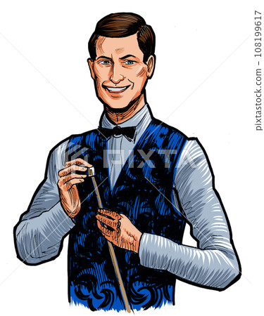 Billiard player. Hand-drawn ink on paper and hand-colored on tablet 108199617