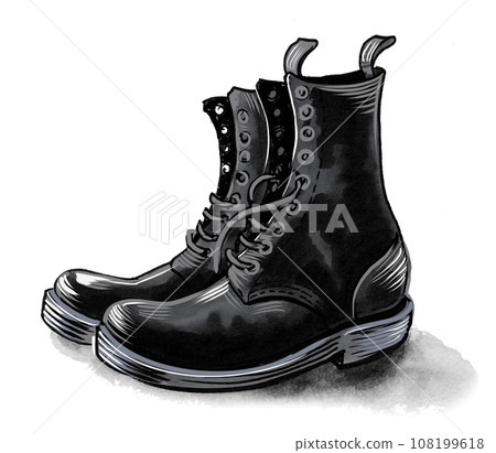 Pair of black leather military boots. Hand-drawn ink on paper and hand-colored on tablet Pair of black leather military boots. Hand-drawn ink on paper and hand-colored on tablet 108199618