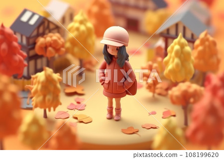A girl walking in autumn season concept 3d Tiny cute isometric Generative AI 108199620