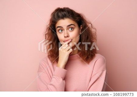 Cute girl looking at copy space touching chin hand thinking isolated pastel color background Cute girl looking at copy space touching chin hand thinking isolated pastel color background 108199773