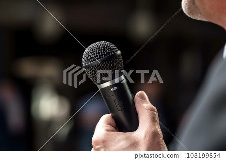 Professional Media interview hand a hold microphone after a press conference Professional Media interview hand a hold microphone after a press conference 108199854