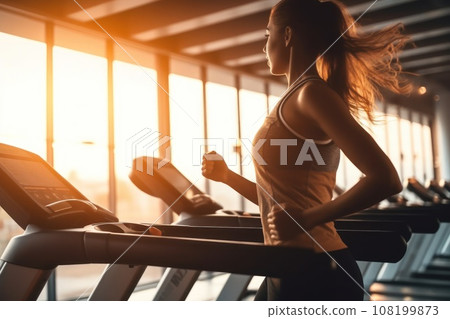 Close up of woman in sports clothing running on treadmill in gym Close up of woman in sports clothing running on treadmill in gym 108199873