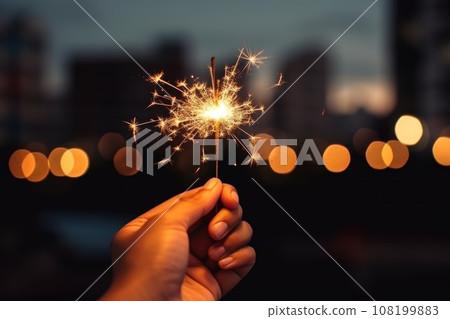 Photo of Hand holding a burning sparkler against fireworks background Photo of Hand holding a burning sparkler against fireworks background 108199883