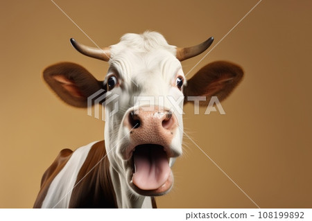 Funny surprised cow studio shot isolated bright color background 108199892