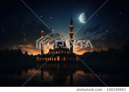 Silhouette of mosque at night moonlit sky stunning as the full moon 108199981