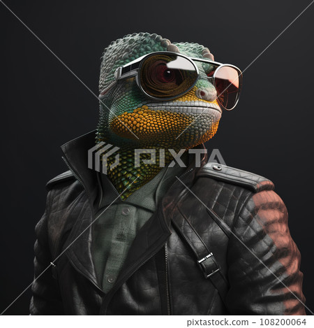 Image of stylish cool chameleon wearing sunglasses as fashion and wore a leather jacket. Modern fashion, Animals, Illustration, Generative AI. 108200064