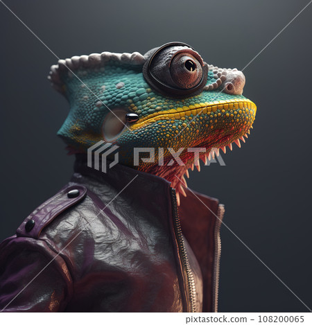 Image of stylish cool chameleon as fashion and wore a leather jacket. Modern fashion, Animals. 108200065