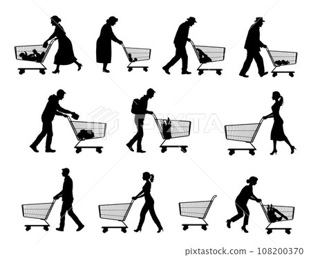 Man and woman push shopping cart silhouette, people shopping, shopper silhouettes on white Man and woman push shopping cart silhouette, people shopping, shopper silhouettes on white 108200370