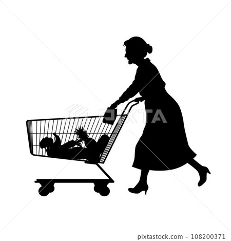 Old woman push shopping cart silhouette, people shopping, shopper silhouettes on white Old woman push shopping cart silhouette, people shopping, shopper silhouettes on white 108200371