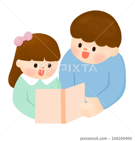 Kid reading book with dad brother 108200400