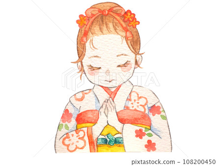 Watercolor painting of a girl in a kimono putting her hands together Watercolor painting of a girl in a kimono putting her hands together 108200450