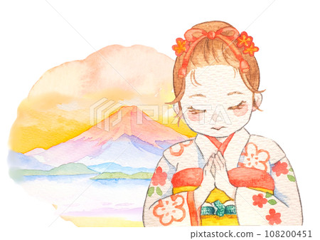 Watercolor painting of a girl in a kimono holding hands and Mt. Fuji Watercolor painting of a girl in a kimono holding hands and Mt. Fuji 108200451