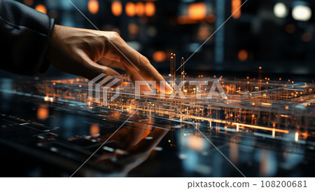 Hand touching data wave on screen. Futuristic and information technology concept 108200681