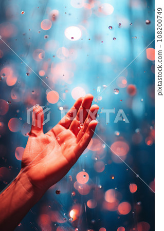 Hand touching yellow and red sparkles and abstract glow on air. Hand touching yellow and red sparkles and abstract glow on air. 108200749