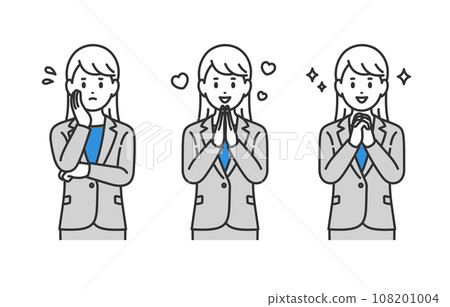 一組充滿憂慮、喜悅和期待的商務女性[人物矢量圖素材] 108201004