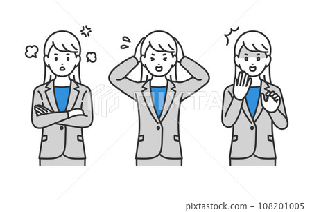 一組擺出憤怒和震驚姿勢的商務人士女性【人物矢量圖素材】 108201005
