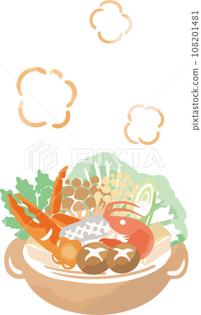 Winter hotpot hotpot hotpot seafood watercolor hand-painted meal cooking Japanese food illustration material 108201481
