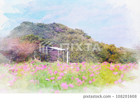 [Watercolor painting] Tourist farm cosmos field in flower plaza 108201608