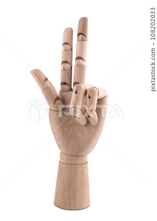 the gesture with a jointed wooden hand 108202033