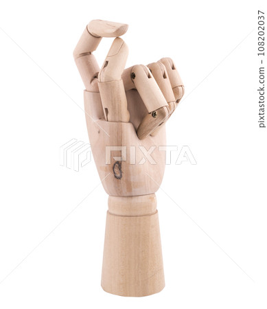 the gesture with a jointed wooden hand 108202037