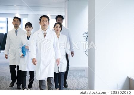 Image of multiple doctors and researchers walking together Image of multiple doctors and researchers walking together 108202080