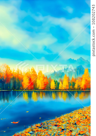 Illustration of a forest and lake with autumn leaves 108202743
