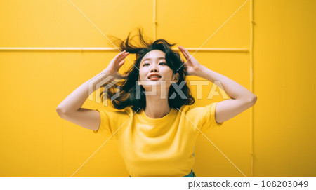 A woman in a yellow dress standing in front of a yellow wall A woman in a yellow dress standing in front of a yellow wall 108203049