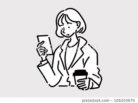 一名婦女操作智慧型手機的插圖。一位女士在咖啡館喝咖啡時看著智慧型手機。 一名婦女操作智慧型手機的插圖。一位女士在咖啡館喝咖啡時看著智慧型手機。 108203670