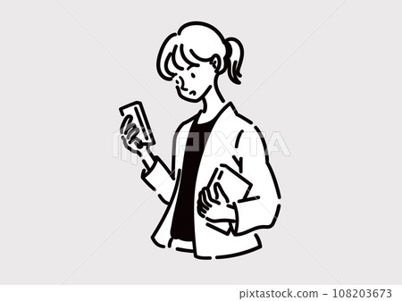 一名婦女操作智慧型手機的插圖。商務風格。一位正在工作的女士看著她的智慧型手機。 一名婦女操作智慧型手機的插圖。商務風格。一位正在工作的女士看著她的智慧型手機。 108203673