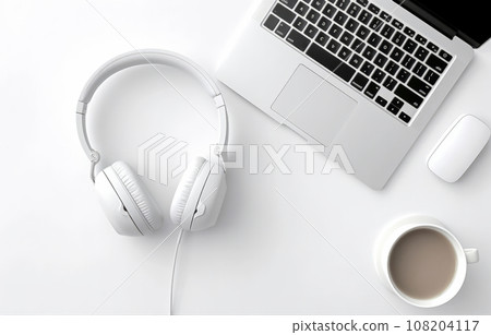 Layout with laptop, cup of coffee, headphones, notepad with pen and houseplant on white background. Top view 108204117