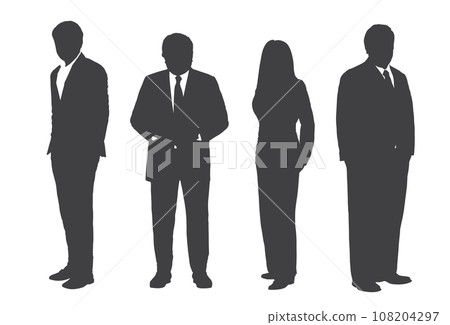 Business people group gray silhouettes pose on white background, flat line vector and illustration. Business people group gray silhouettes pose on white background, flat line vector and illustration. 108204297